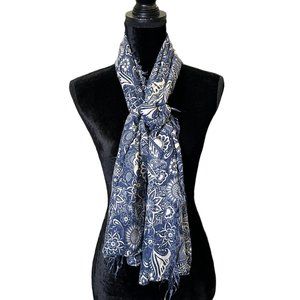 Unbranded Scarf Womens Long Rectangle Blue White Floral Wrap Lightweight Fringe